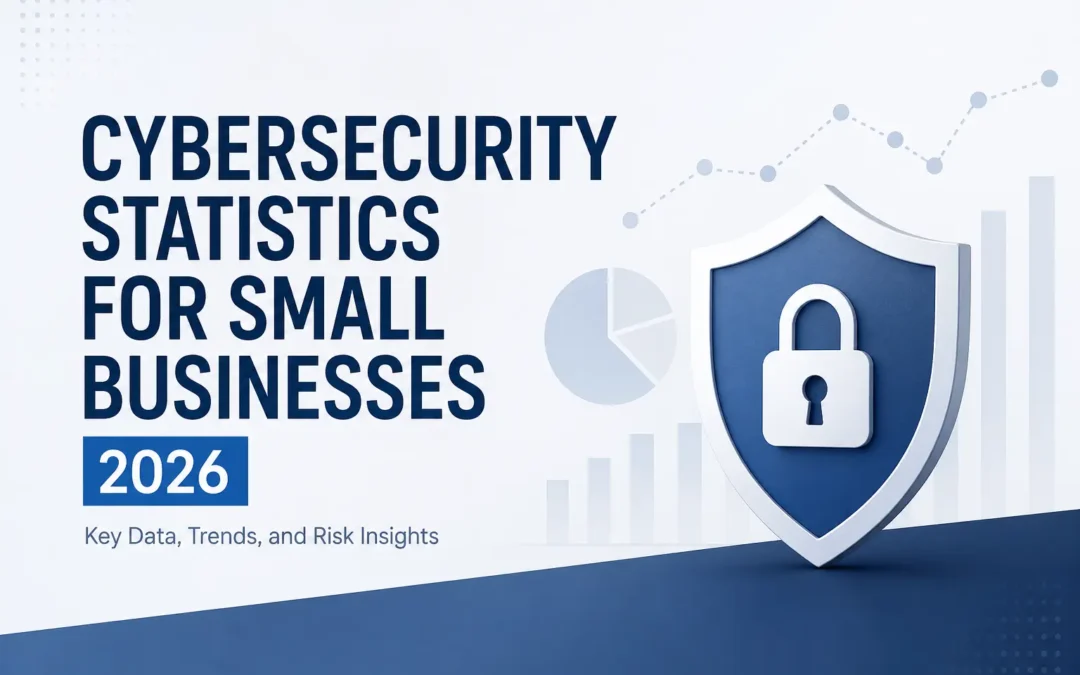 Cybersecurity statistics for small businesses 2026 with a shield lock graphic and charts in the background