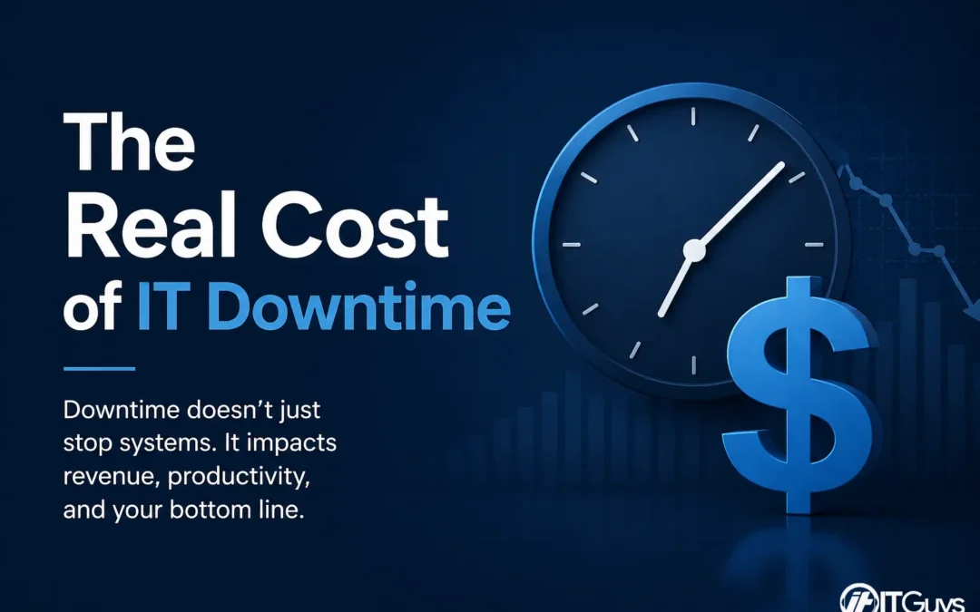 Illustration of a clock and a blue dollar sign beside the title 'The Real Cost of IT Downtime,' highlighting the financial impact of downtime.